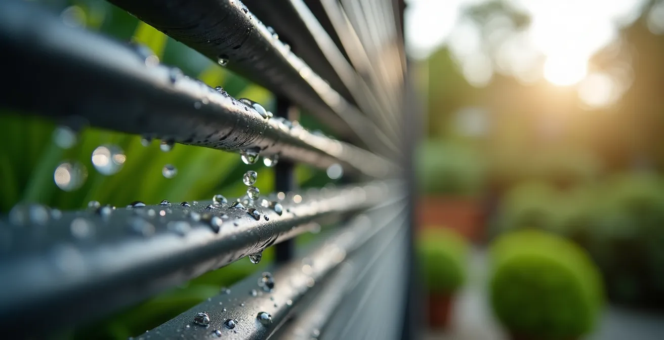 Détail macro de lames orientables en aluminium avec gouttes d'eau perlant sur la surface