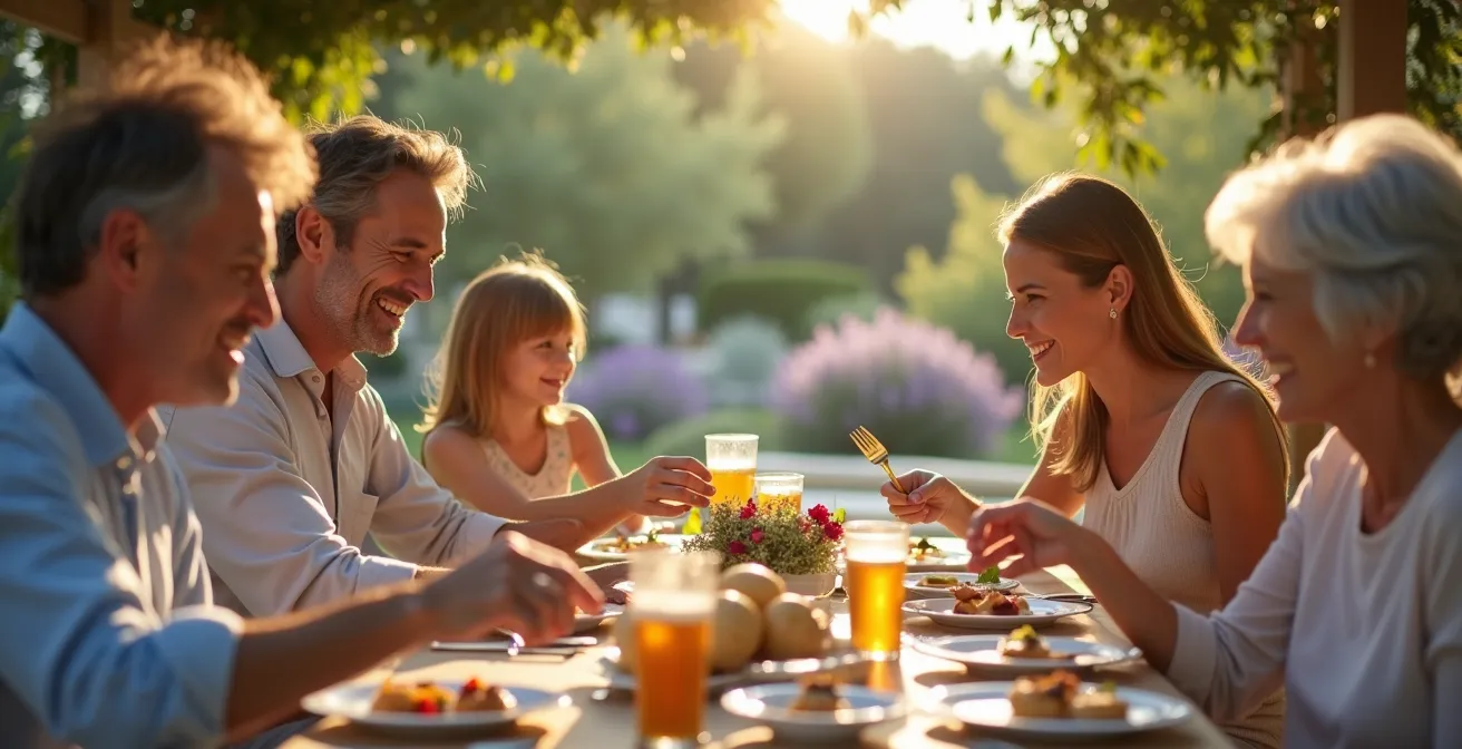 Famille déjeunant sous pergola bioclimatique avec lames partiellement ouvertes créant jeu d'ombres