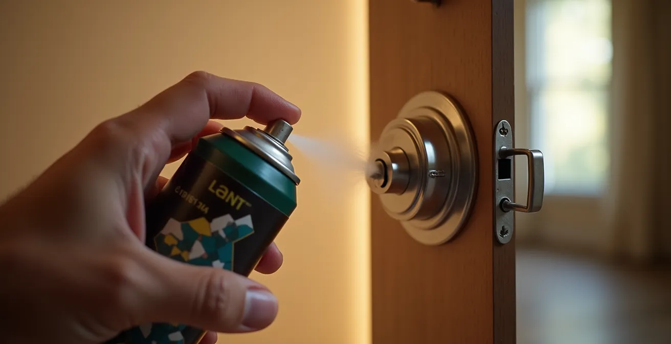 Main appliquant un lubrifiant spécifique sur une serrure avec précision