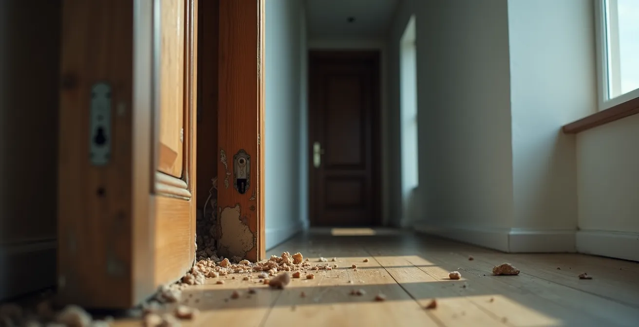 Traces d'effraction sur une porte montrant les dommages causés par une tentative de cambriolage