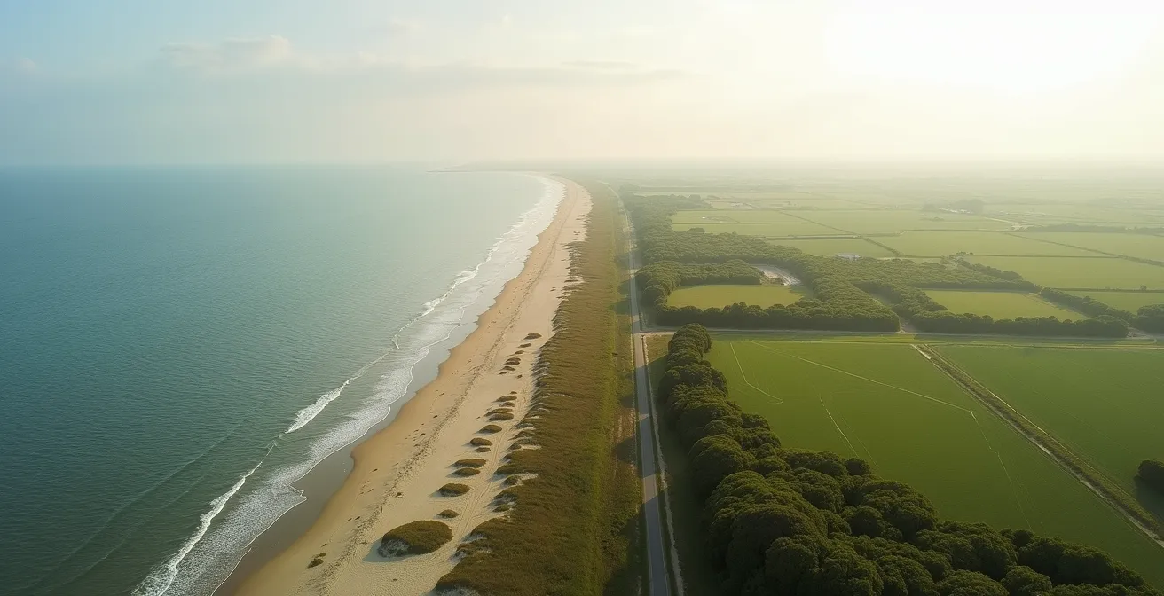 Vue aérienne des trois zones climatiques vendéennes avec contraste visuel entre littoral, bocage et marais