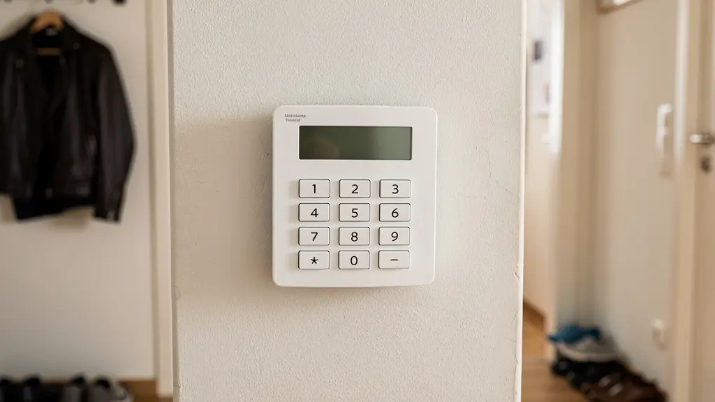 Centrale alarme murale avec clavier dans entrée maison système sécurité résidentielle