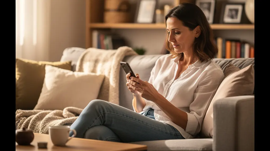 Femme consultant application sécurité smartphone dans salon équipement connecté domicile