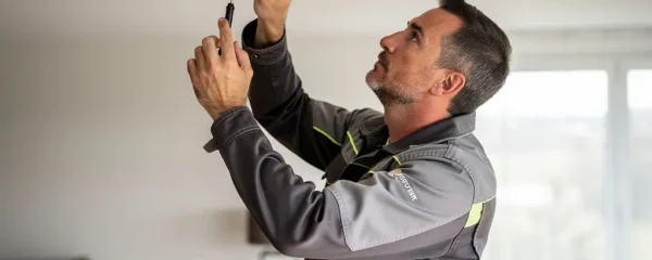 Technicien installant un détecteur de mouvement équipement sécurité domicile dans un salon moderne