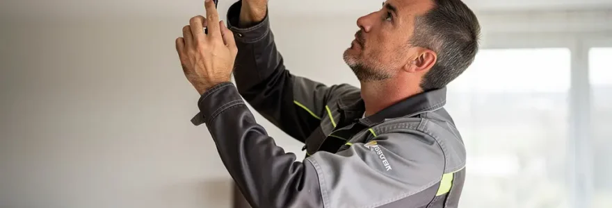Technicien installant un détecteur de mouvement équipement sécurité domicile dans un salon moderne