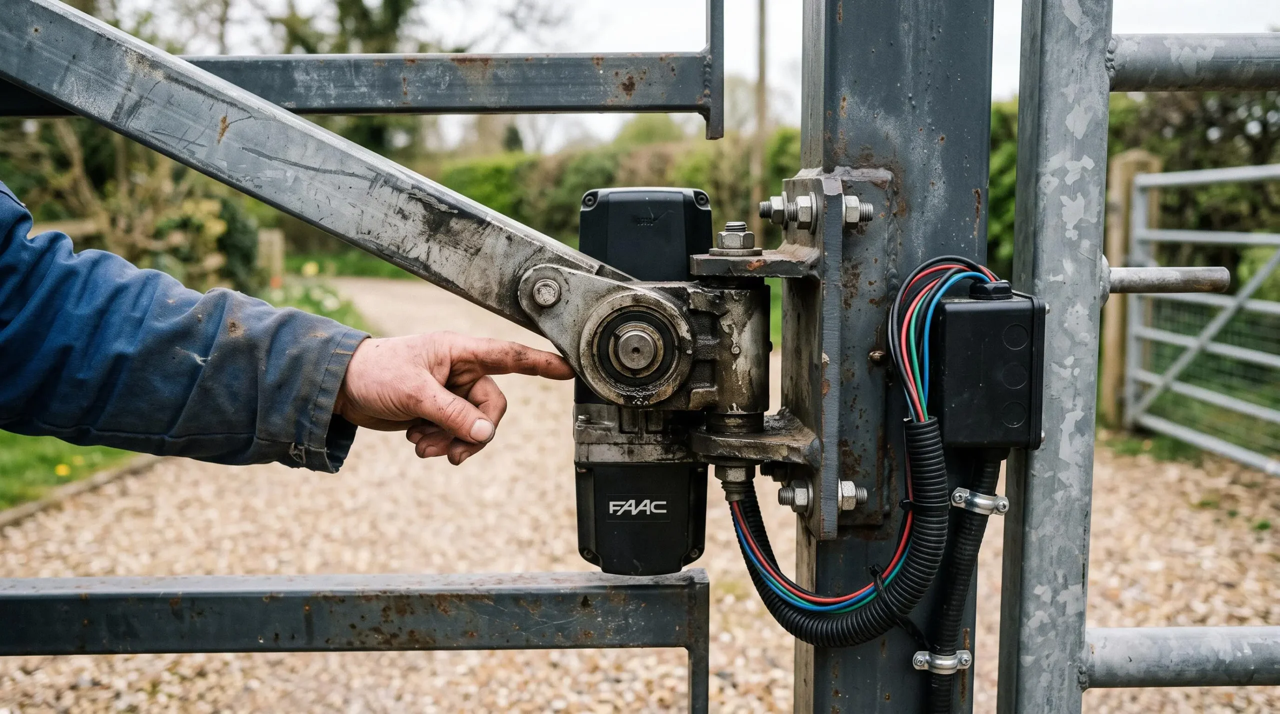 Un bras articulé de motorisation fixé sur un portail battant métallique.