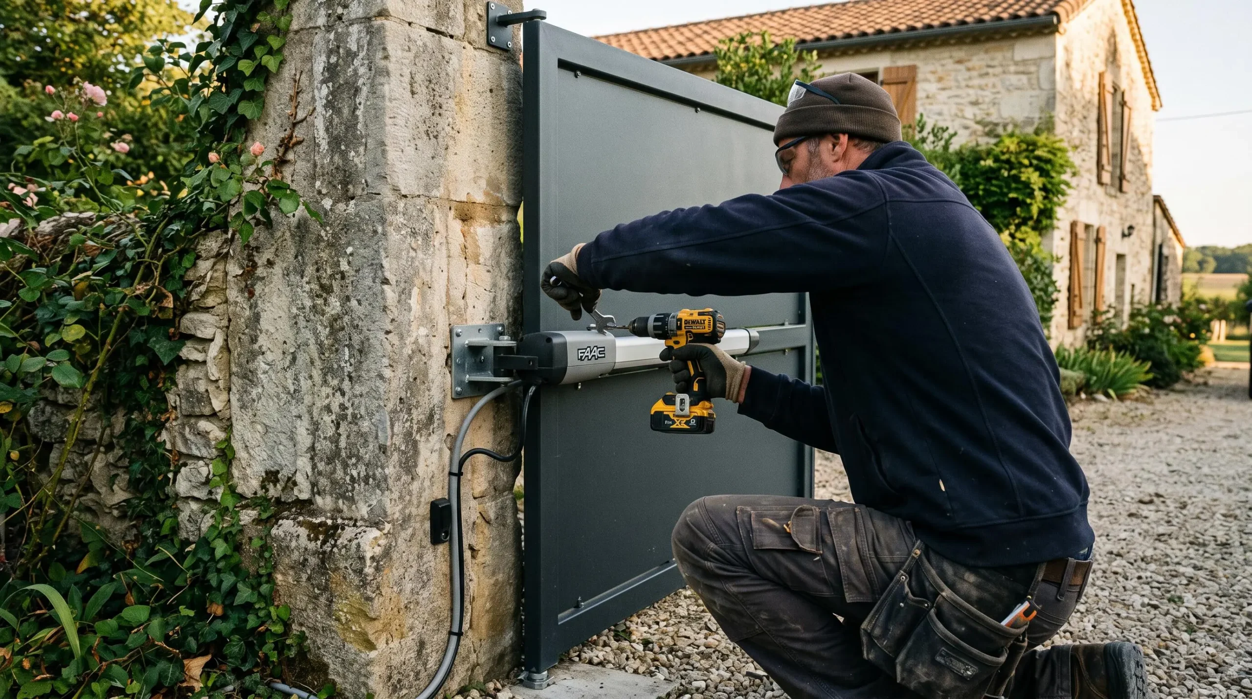 Un installateur fixe la motorisation sur un battant de portail en acier.