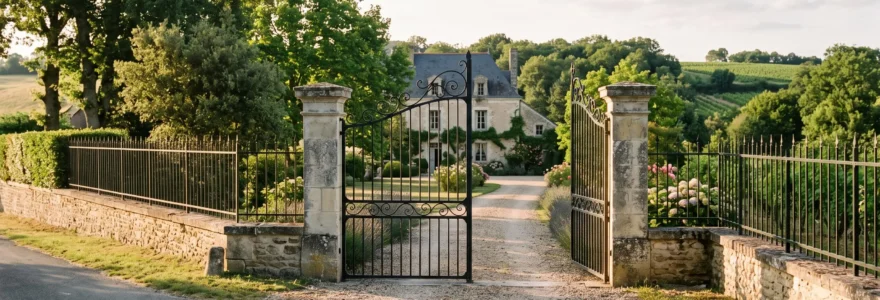 Portail en acier noir ouvert sur l'entrée d'une résidence avec clôture assortie.