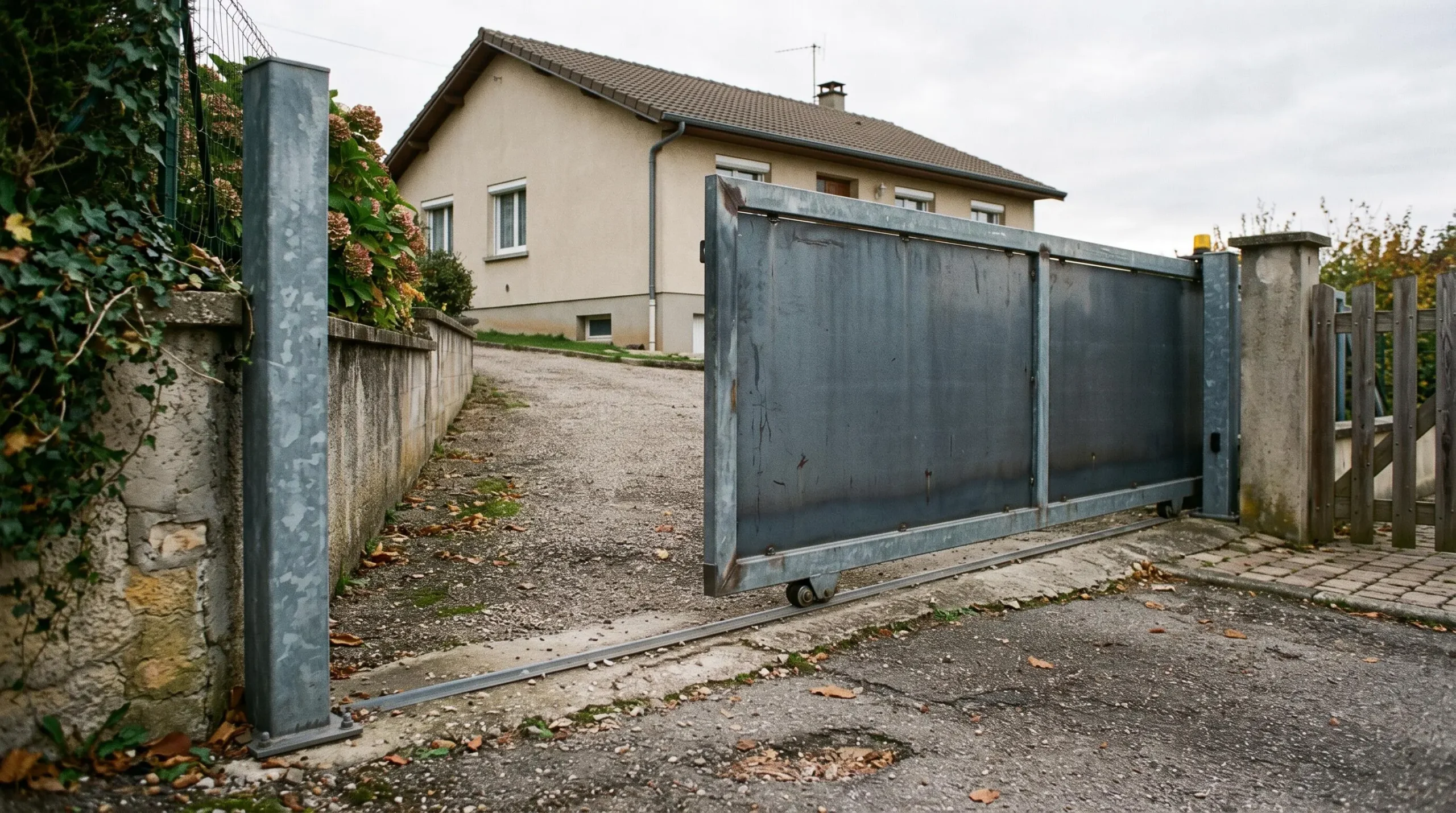 Portail coulissant en acier posé sur un muret devant un pavillon.